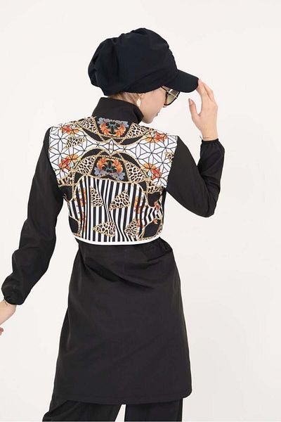 NS Tasarım Tesettür Mayo Sabrina Mosaic Patterned Design Hijab Parachute Fabric Double Swimsuit Set 364