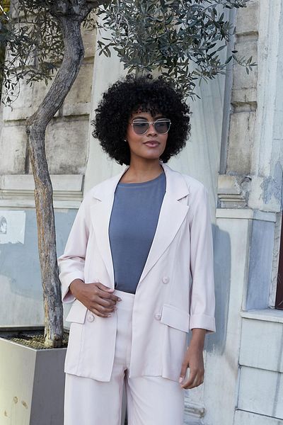 Jument Women's Silky Textured Modal Fabric Collar Pocket Cover Oversize Casual Blazer Jacket-Powder