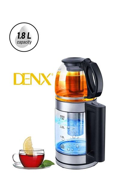 Denx غلاية زجاجية 2 في 1 وصانعة شاي تركي، سعة 1.8 لتر + إبريق شاي زجاجي سعة 1 لتر، 1500 واط