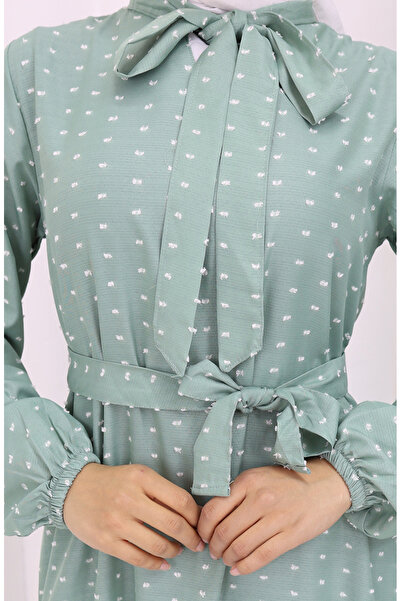 sefamerve Pıtpıt Desenli Kuşaklı Elbise 0383-06 Çağla Yeşili