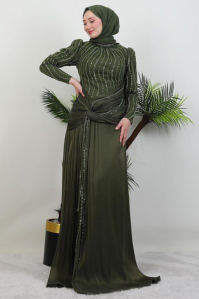GİYZAMİLA Vienna Hijab Evening Dress Khaki