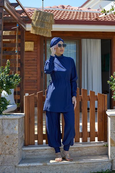 NS Tasarım Tesettür Mayo Diana Gathered Navy Blue Design Hijab Swimsuit Suit
