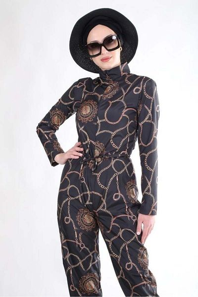 NS Tasarım Tesettür Mayo Chain Pattern Jumpsuit Swimsuit