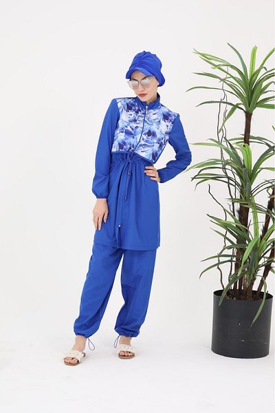 NS Tasarım Tesettür Mayo Sabrina Blue Design Hijab Double Suit Swimsuit