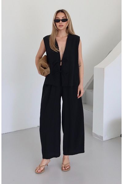 Laluvia Black Samantha Tie-Up Vest Trousers Suit - 51155