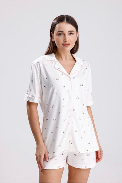 Espuar 768 Classic Women's Floral Pattern Shirt Buttoned Combed Cotton Viscose Shorts Set