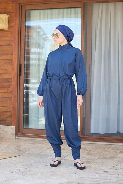 NS Tasarım Tesettür Mayo Pleated Leg Navy Blue Design Hijab Parachute Fabric Jumpsuit Swimsuit