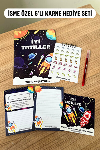 Eldesen Tasarım İsme Özel Karne Hediyesi 6'lı Set, Karne Kılıfı, Spiralli Def...