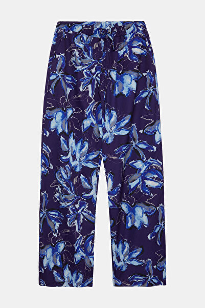 W Collection LACİVERT BOL PAÇA YÜKSEK BEL ÇİÇEK DESENLİ PANTOLON