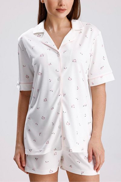 Espuar 768 Classic Women's Floral Pattern Shirt Buttoned Combed Cotton Viscose Shorts Set