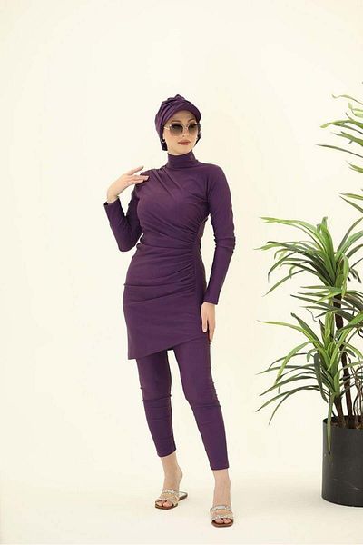 NS Tasarım Tesettür Mayo Scarlett Double Purple Swimsuit Set