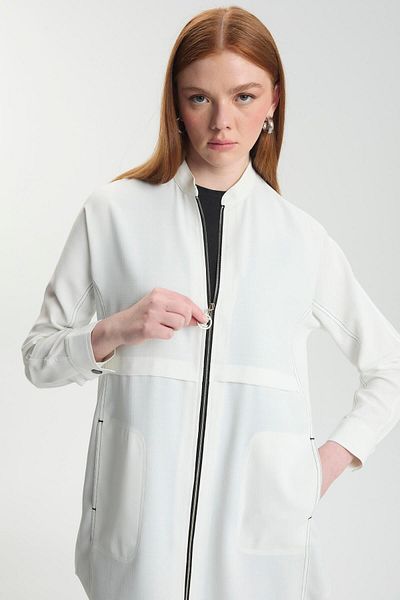 Zühre Zippered Judge Collar Ecru Jacket C-0130
