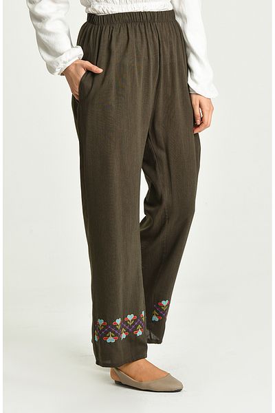 sefamerve Pantaloni brodați din viscoză 8080-01 kaki
