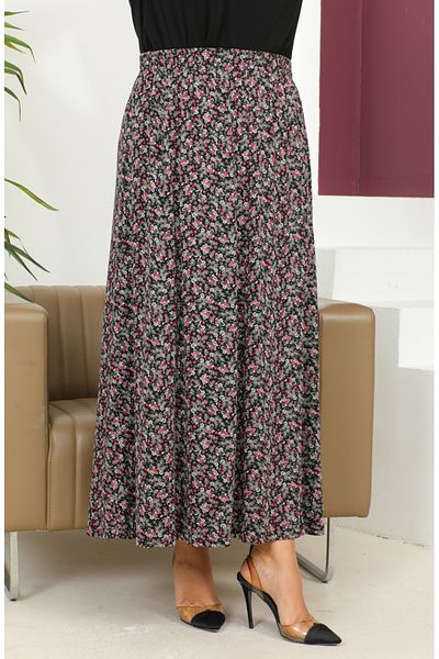 sefamerve Ροζ στάμπα Plus Size Ελαστική μέση φούστα - 2830B-03