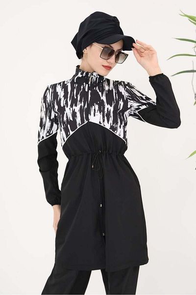 NS Tasarım Tesettür Mayo Lena Line Patterned Double Swimsuit Set