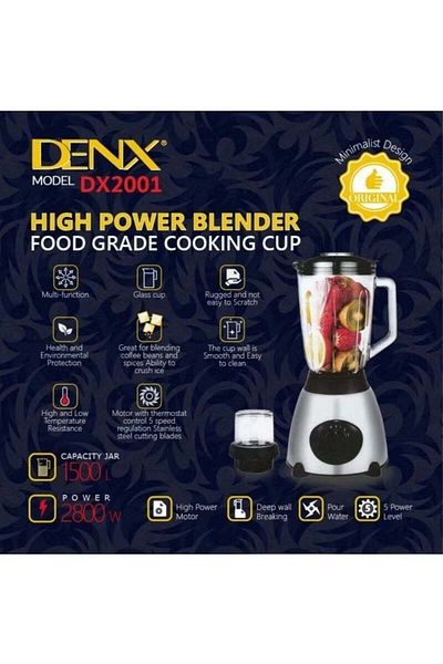 Denx خلاط كهربائي سعة ١.٥ لتر مع مطحنة حبوب وخمس سرعات. سهل الاستخدام والتنظيف.