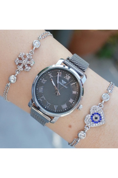 istanbul form Silver Hasır Mıknatıslı Kordon Kadın Saat Kombini 3164