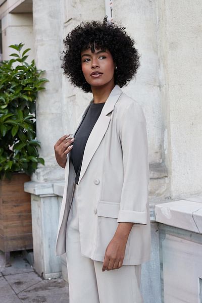 Jument Women's Silky Textured Modal Fabric Collar Pocket Flap Oversize Casual Blazer Jacket-Light Mink