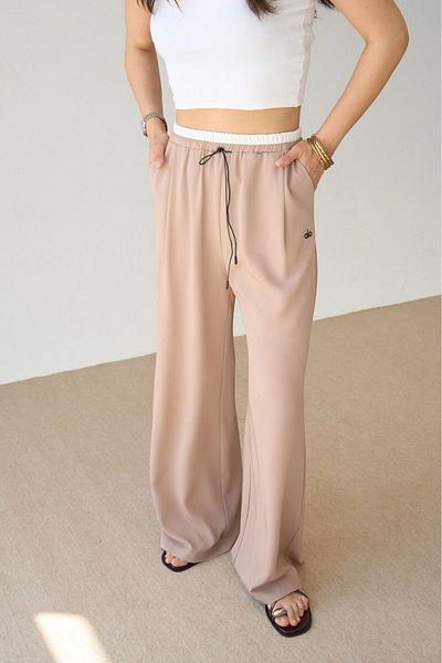 Lupies Women's Beige Elastic Waist Straight Pants