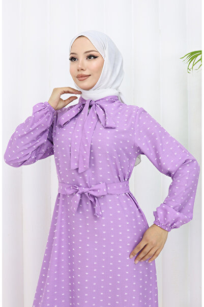 sefamerve Pıtpıt Desenli Kuşaklı Elbise 0383-05 Lila