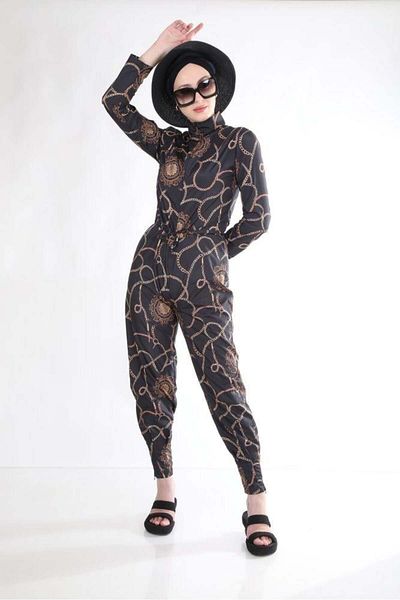 NS Tasarım Tesettür Mayo Chain Pattern Jumpsuit Swimsuit