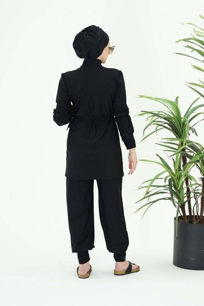 NS Tasarım Tesettür Mayo Diana Gather Detailed Design Hijab Lycra Black Double Suit Swimsuit