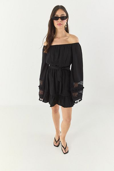 Bianco Lucci Women Madonna Collar Beli Elastic Lace Sleeves Belted Lined Mini Summer Dress 60283246