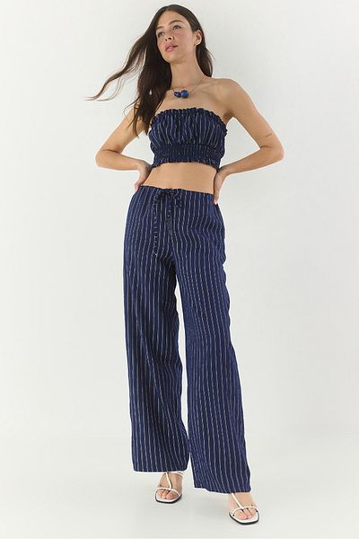 Bianco Lucci Gestreiftes Gipe-Top für Damen mit detailliertem Crop-Top, Kordelzug in der Taille und weitem Bein, Hose unten oben, Set 60283262