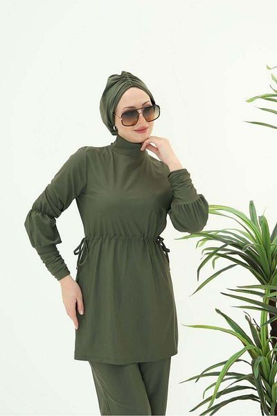 NS Tasarım Tesettür Mayo Diana Gather Detailed Design Hijab Lycra Khaki Double Suit Swimsuit