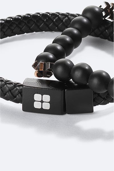 Avva Men's Black 2-Piece Bracelet - 100% Leather and Onix Stone, A41Y9604