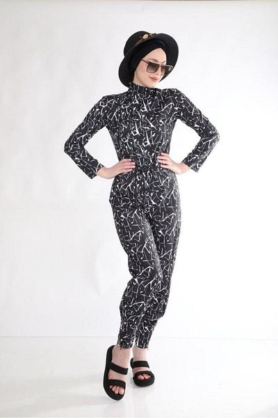 NS Tasarım Tesettür Mayo Geometric Pattern Jumpsuit Swimsuit