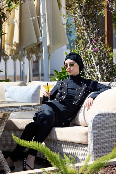 NS Tasarım Tesettür Mayo Nalan Chiffon Detailed Polka Dot Pattern Design Hijab Double Swimsuit Set