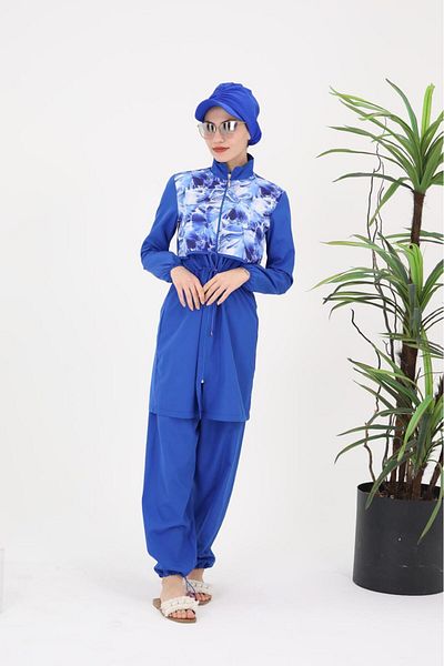 NS Tasarım Tesettür Mayo Sabrina Blue Design Hijab Double Suit Swimsuit