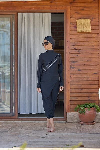 NS Tasarım Tesettür Mayo Lina Double Black Design Hijab Suit Swimsuit