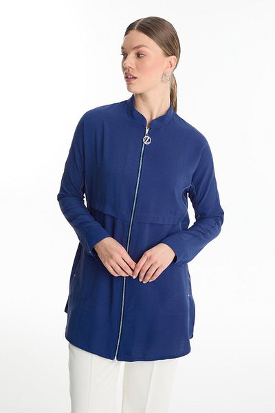 Zühre Zippered Judge Collar Navy Blue Jacket C-0130