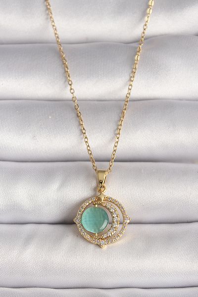 Skygo 316L Steel Gold Color Zircon Stone Green Pearlescent Crescent Model Women's Necklace - Tj-Bko9706