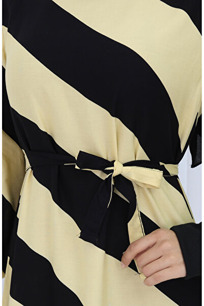 sefamerve Geometrik Desenli Kuşaklı Viskon Elbise 0460-04 Siyah Sarı