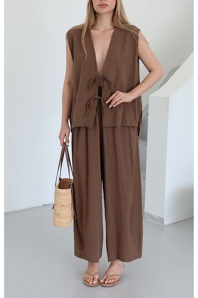 Laluvia Brown Samantha Tie-Up Vest Trousers Suit - 51155