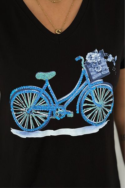 FEMELLE Tricou negru pentru femei, cu decolteu în V, cu paiete, brodat, 100% bumbac