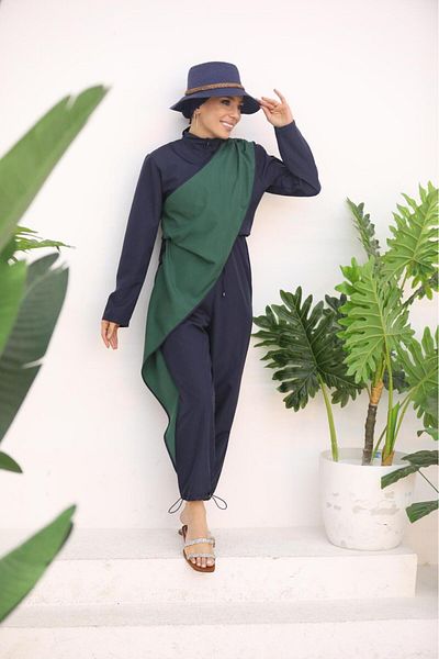 NS Tasarım Tesettür Mayo Ocean Green Striped Navy Blue Design Hijab Jumpsuit Swimsuit