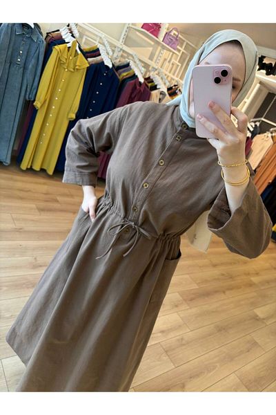 OlaLady Γυναικείο φόρεμα Hijab από βαμβακερό λινό με πλαϊνές τσέπες και κουμπιά μπροστά