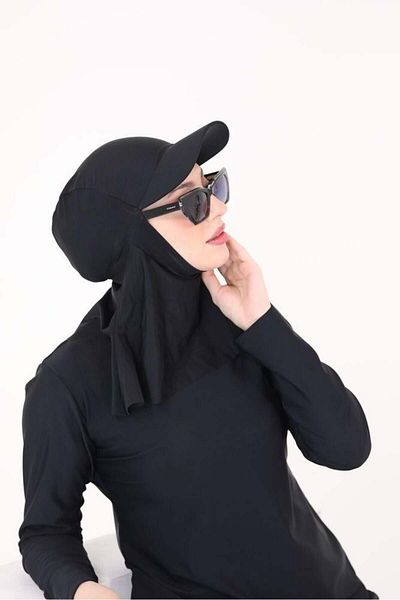 NS Tasarım Tesettür Mayo Rosa Black Full Covered Bonnet Swimsuit