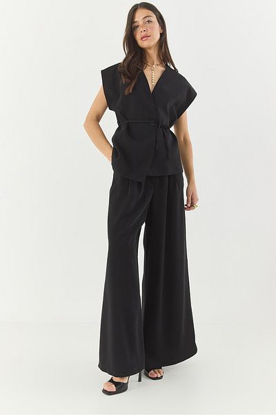 Bianco Lucci Women's Double-breasted Collar Waist Tie Lined Vest Pleated Loose Trouser Suit 9306 60281025