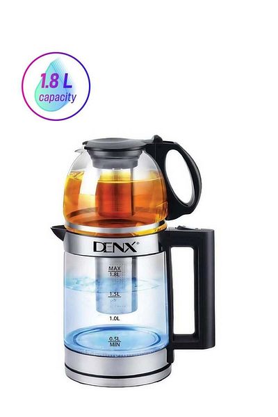 Denx غلاية كهربائية 2 في 1، 1500 واط، وعاء مزدوج، مع فلتر شاي قابل للإزالة، سعة 1.8 لتر، وغلاية شاي 1.0 لتر