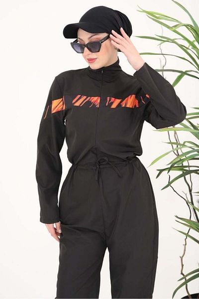 NS Tasarım Tesettür Mayo Floria Flame Stripe Design Hijab Parachute Fabric Jumpsuit Swimsuit
