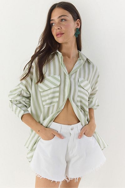 Bianco Lucci Women's Thick Striped Double Pocket Oversized Basic Summer Shirt 34399-1 60283249