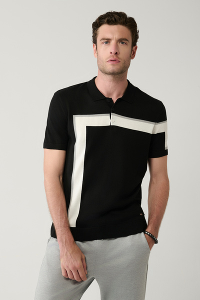 Avva Schwarzes Herren-Strick-T-Shirt mit 3-Knopf-Farbblock-Detail und Polokragen A41y5107