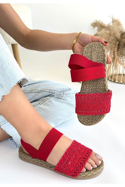 Lavish Gold Marri Red Lace Elastic Sandals