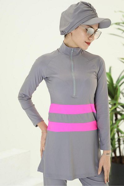 NS Tasarım Tesettür Mayo Golf Pink Striped Gray Design Hijab Double Swimsuit Set