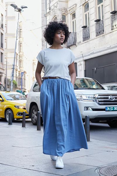 Jument Women's Silky Textured Modal Fabric Ankle Length Long Skirt with Pockets and Elasticated Waist (Leather Belt Included)-Indigo